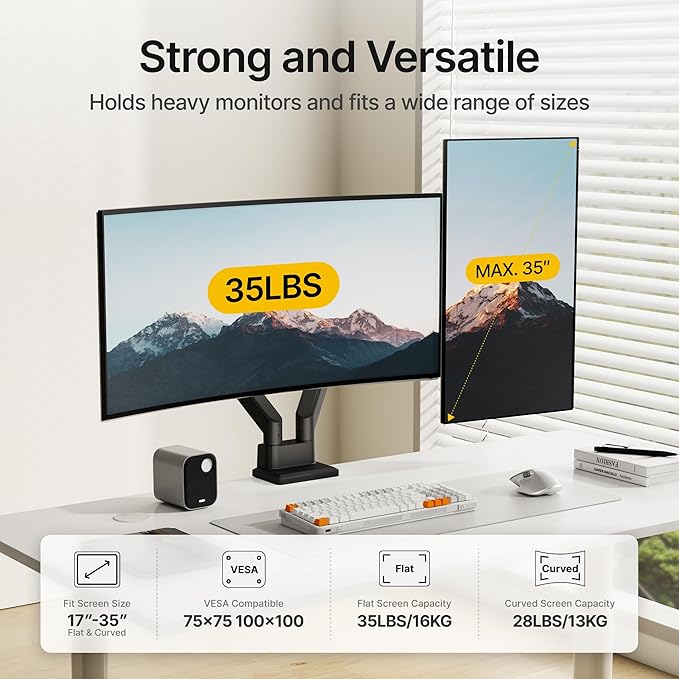 monTEK Dual Monitor Mount Monitor Arms for 2 Monitors for 17 to 35 Inch Curved Screen Holds 35 Lbs Adjustable Heavy Duty Monitor Desk Mount Cable Management, VESA 75/100mm