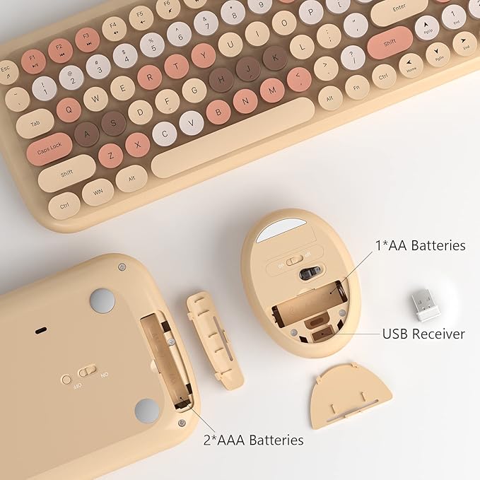 KNOWSQT Wireless Keyboard and Mouse Combo, Light Milktea 100 Keys 2.4 GHz Round Keycap Typewriter Keyboards, USB Receiver Plug and Play, for Windows, PC, Laptop, Mac, Desktop