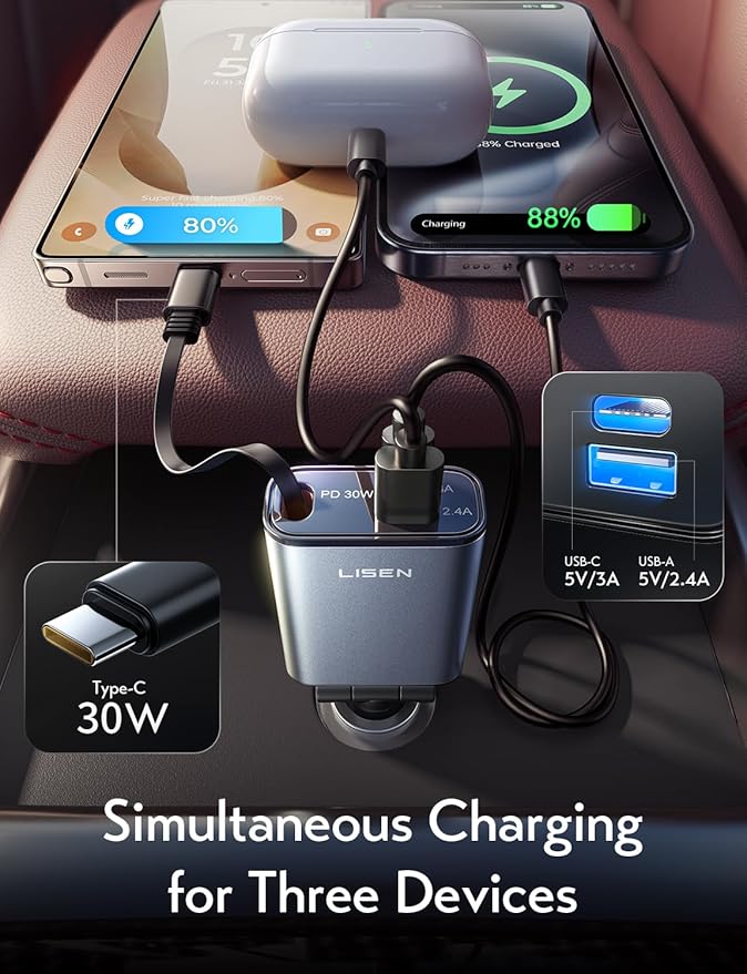 LISEN Car Charger USB C Fast Charge, [Single-Port] Retractable Car Charger USB C, RV Power Adapters for Women Men Phone Type C Charging for iPhone 17 Pro Max 16 15 Samsung S26 S25, MacBook Neo