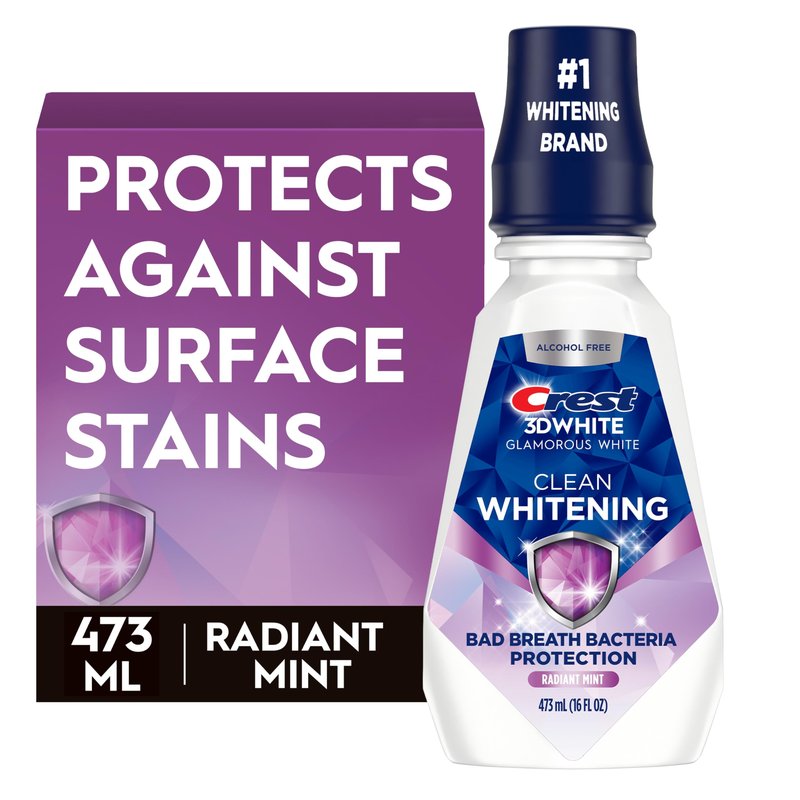 Crest 3D White Glamorous White Alcohol Free Multi-Care Whitening Mouthwash, Hydrogen Peroxide Mouthwash, Arctic Mint, 16 fl oz (473 mL) - Pack of 4, Crest Mouthwash