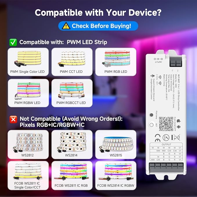 BTF-LIGHTING 5-in-1 WB5 2.4GHz WiFi LED Controller, PWM Dimmer Compatible with Alexa/Google Home/Tuya Smart/Smart Life APP, for Dimming/CCT/RGB/RGBW/RGBCCT Strip Light, Work with WR01RF, WR02RF, etc.