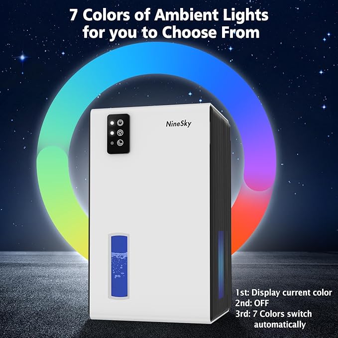 NineSky Dehumidifier, 95 OZ Dehumidifiers for Home,(1100 sq.ft) Dehumidifiers for Basement Bathroom Bedroom with Auto Shut Off, Switchable 7 Colors Light (White)