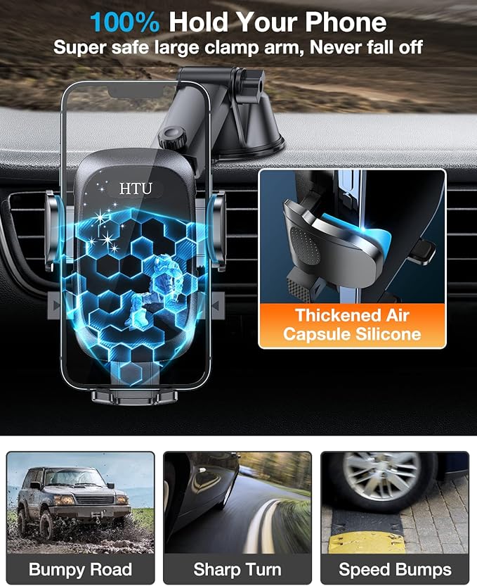 HTU Car Phone Holder【2026 Upgraded 100+LBS Suction & Safety Cert】 Cell Phone Car Mount for Truck Heavy Duty Phone Holder for Dashboard/Windshield/Vent for iPhone 17 16 Pro Max, Navy Blue