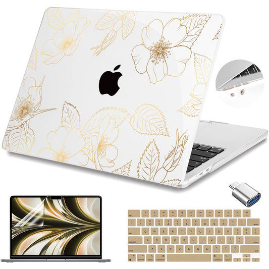 Teryeefi for MacBook Air 13.6 inch Case M5 M4 M3 M2 2022 2023 2024 2025 Model A2681 A3113 A3240 A3449 Plastic Hard Shell Cover with Screen Protector & Keyboard Cover & USB Adapter, Gold Flower Leaf