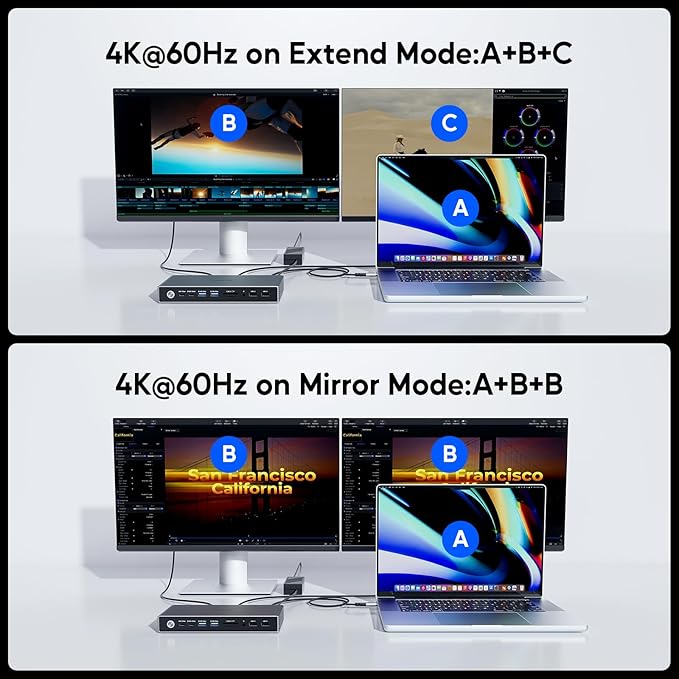 PULWTOP Displaylink Docking Station, USB C Docking Station Dual Displays for MacBook M1/M2/M3/M4 Windows, 4K@60Hz Displaylink Dock with 2 HDMI, 2 Display Port, 2USB C Data, 6 USBA, Ethernet, Audio