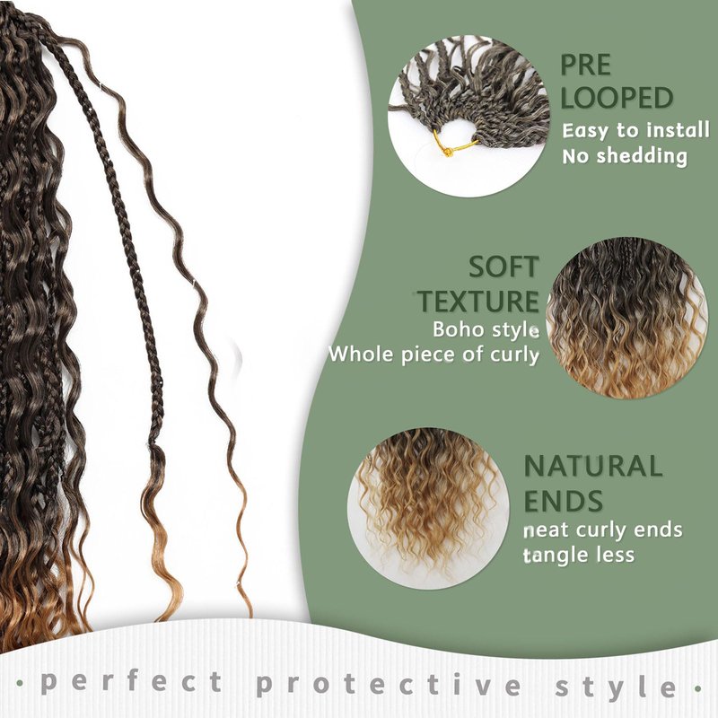 18 Inch 7 Pack Goddess Box Braids Bohemian Crochet Boho Box Braids With Curly Ends Pre-looped Crochet Braids Hair for Women Synthetic Braiding Hair Extensions,1B/530/350