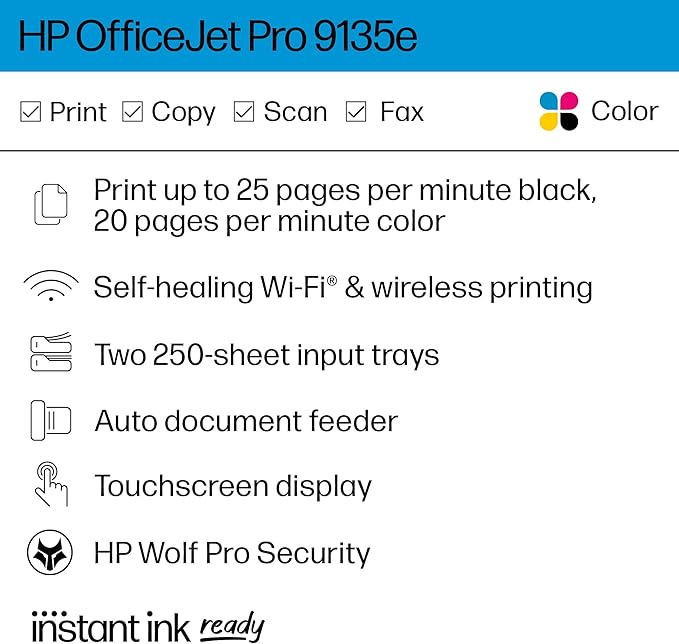 HP OfficeJet Pro 9135e Wireless All-in-One Color Inkjet Printer, Print, scan, Copy, fax, ADF, Duplex Printing Best-for-Office, 3 Month Instant Ink Trial Included, AI-Enabled (404M0A)