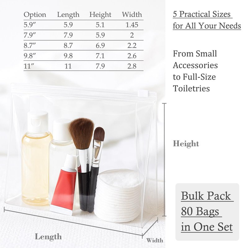 Circloophs Mini Clear Makeup Bag, 80 Pack Small Cosmetic Bags with Zipper TSA Approved Travel Bags Bulk for Toiletries Plastic EVA Water-resistant Reusable Pouches for Bathing Suit Bikini, Mixed Size