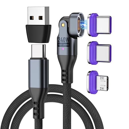 Bojianxin 240W Magnetic Charging Cable ，180°Rotating USBC to USB C Magnetic Data Cable ，Micro USB Phone Fast Charger Cable Data Transfer for Laptop/Tablet/Smart Phone (6ft)