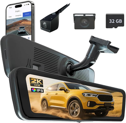 Sinjet 9.66" OEM Rear View Mirror Camera, 2K Dash Cam Front and Rear, IPS Display, Touch Screen Rearview Mirror Backup Camera, Night Vision, Parking Monitor, 32GB SD Card for Trucks, Vans, SUVs
