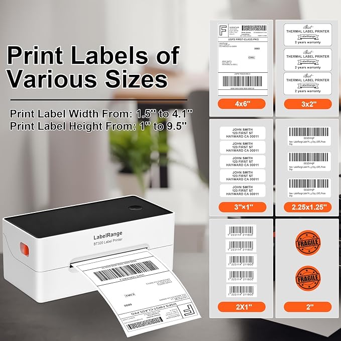 LabelRange Ecommerce Label Printer 4x6, Thermal Shipping Label Printer, Support Amazon, USPS, Pirate Ship, Shopify, Poshmark, Bluetooth and USB Connection