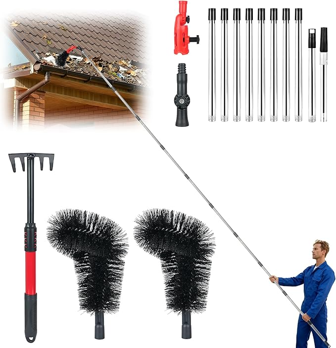 Gutter Cleaning Tools from The Ground, Adjustable Gutter Cleaning Pole with 180Â° Pivoting Head, Gutter Rake & 2 Gutter Brush, Gutter Cleaner Tool for Removing Leaves, Debris & Spider Webs (Black)