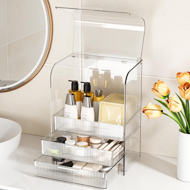 GearFusion 3 Tier Clear Cosmetic Organizer, Makeup Display Case with Lid & Drawers, Countertop Dresser Vanity Storage Box, Beauty Holder for Skincare Lipstick Brush