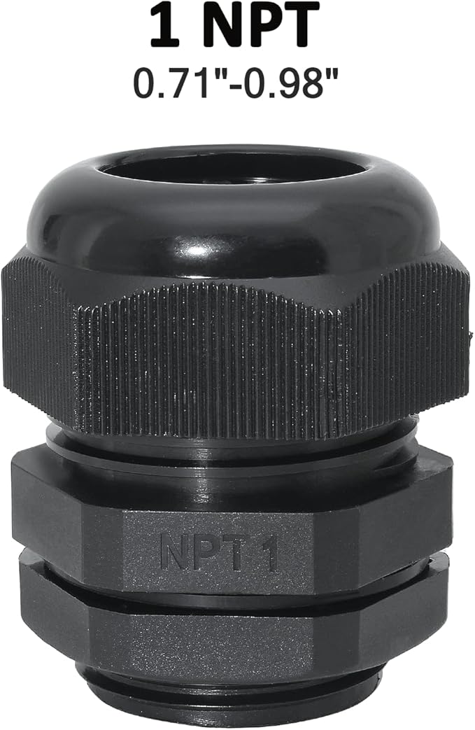 Bonsicoky 1" NPT Nylon Cable Glands, IP68 Waterproof Adjustable Cord Grip Cable Connector Strain Relief Wire Protectors for 18-25mm Cable Diameter, 2 Pcs, Black