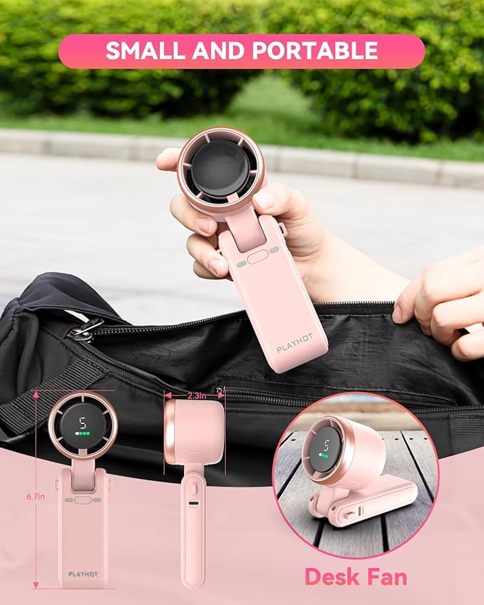 PlayHot Portable Handheld Turbo Fan, 5-Speed Personal Fan, USB-C Rechargeable Fan Up to 12 Hours, 3 IN 1 Hand Fan with Air Turbo Tech Cooling, Travel Fan for Cruise, Beach, Gifts for Women (Pink)