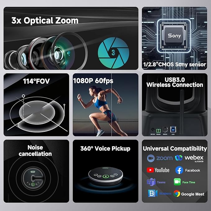 TONGVEO AI Wireless PTZ Camera System with Auto Tracking Built-in Receiver & Bluetooth Speakerphone, 5.8GHz 1080P 60fps Conference Camera with 3X Optical Zoom, for Church Zoom, OBS Meetings