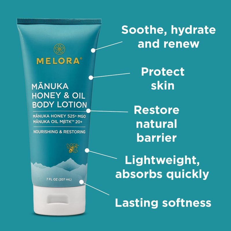 MELORA Manuka Honey Body Lotion (7oz), Moisturizing Lotion with Soothing Manuka Honey & Oil for Dry, Very Dry, Sensitive, or Aging Skin – Cream Moisturizer for Women & Men