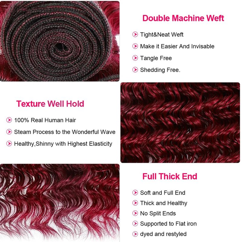 99J Burgundy Deep Wave Human Hair Bundles - 12, 14, 16 Inch Red Hair Extensions