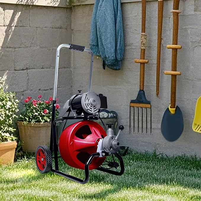 Drain Cleaner Machine 50FT x 3/8 Inch, Auto Feed Sewer Snake Drain Auger - Electric Drain Cleaning Machine Fits 1-1/4 Inch to 2 Inch Pipes, Portable Drain Auger Cleaner with 8 Cutters