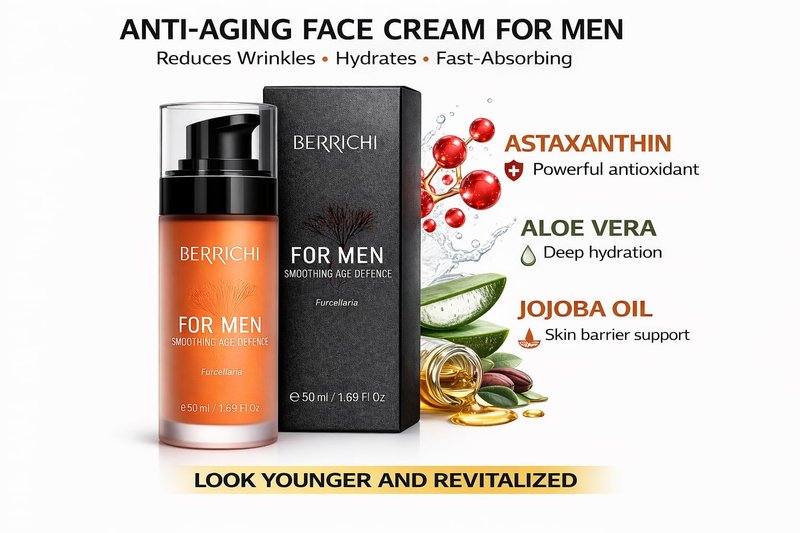 BERRICHI Men’s After Shave Balm & Face Moisturizer – Calms Irritated Skin, Reduces Redness, Fast Absorbing Anti-Aging Cream for Men with Astaxanthin & Aloe, 50ml