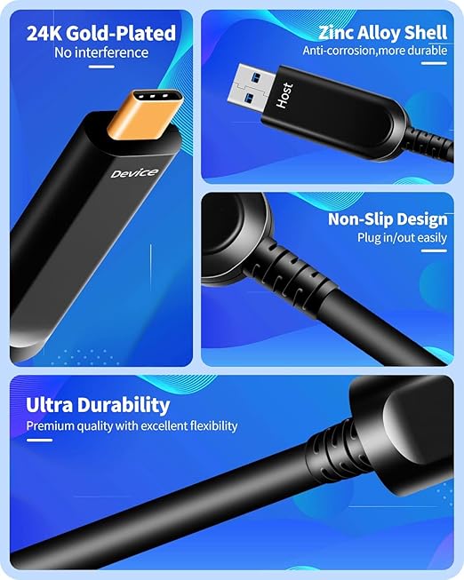 DWLCWY Fiber Optic USB A to USB C Cable(50ft),High Speed 10Gbps USB 3.2 Gen2 Active Optical Cable for VR, Webcam, Laptop,Camera,Projector etc,Grey