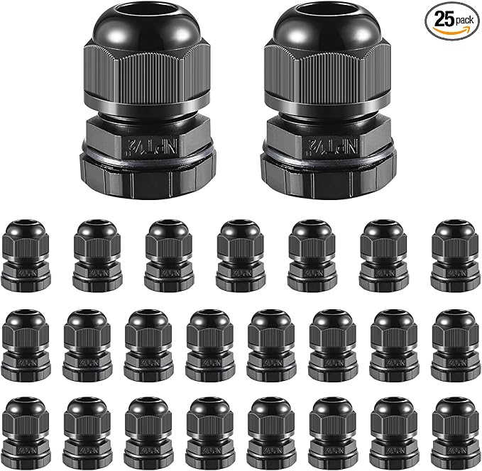 RTHIEAI 25 PCS 1/2"(6-12.5mm) NPT Nylon Cable Gland Joints with Gaskets, IP68 Adjustable Lock Nut Strain Relief Cord Grip Waterproof Cable Glands - UL Listed and RoHS Compliant