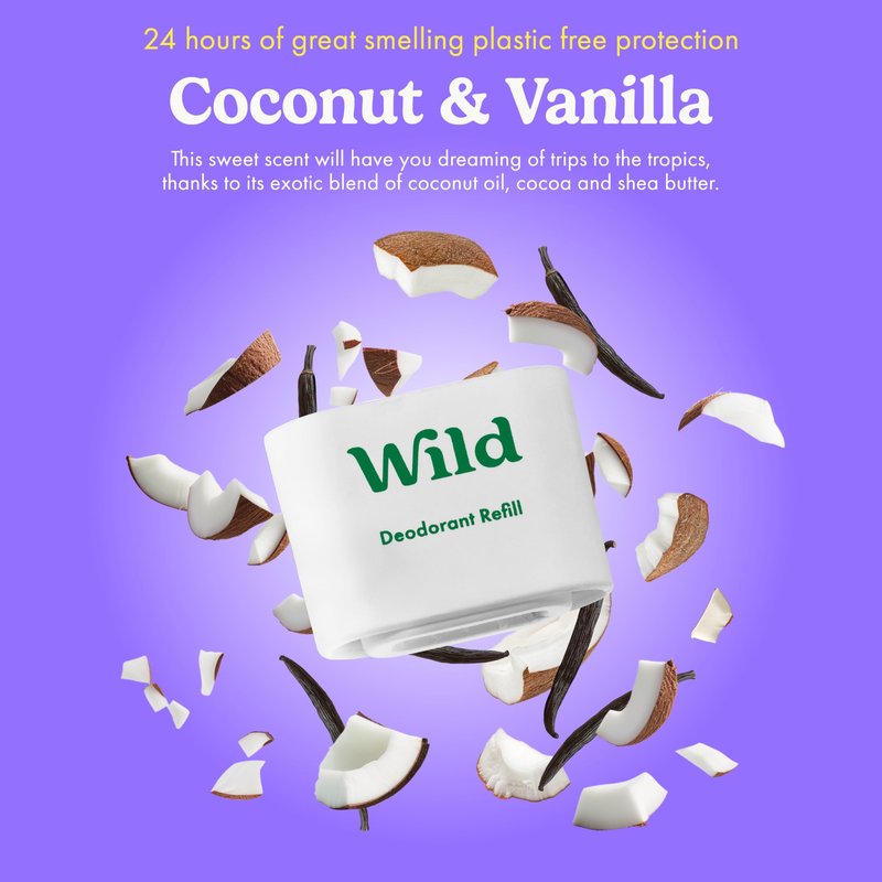 Wild Aluminum Free Refillable Deodorant Variety Pack for Men & Women - 98% Natural Ingredients - Includes Fresh Cotton & Sea Salt, Cherry Blossom, Coconut & Vanilla Scents - Long Lasting Protection