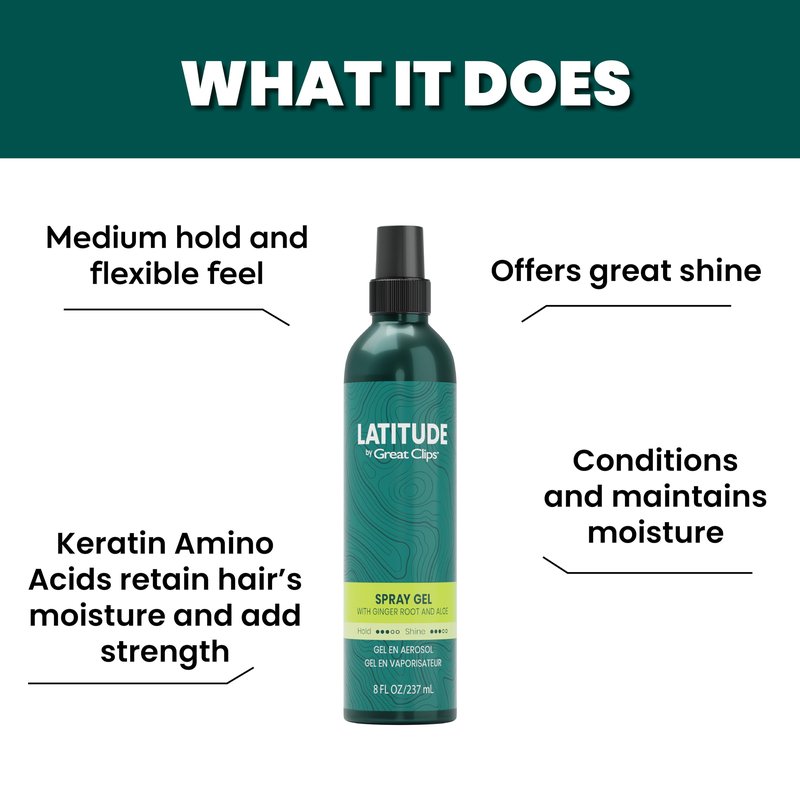 GREAT CLIPS LATITUDE Spray Gel | Hair Gel for Men | Medium Hold + Medium Shine | 8oz | Packaging May Vary