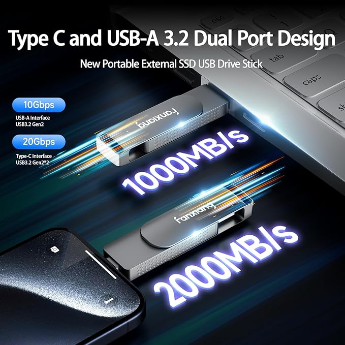 fanxiang 512GB Fast External SSD Flash Drive Up to 2000MB/s USB3.2 Gen2, 2-in-1 Dual USB A +Type-C Drive, USB Memory Stick Solid State Thumb Drive for iPhone 15/16/Android/Windows/MacPC/Laptops