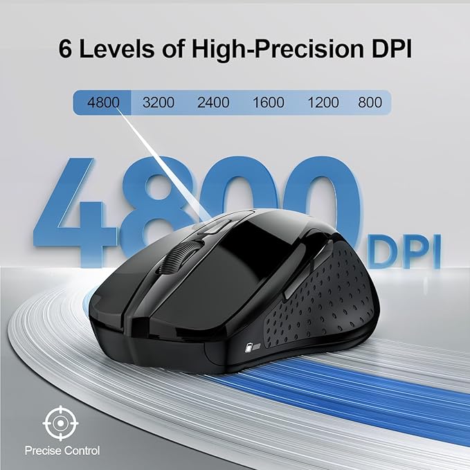 TECKNET Wireless Mouse (2.4G & BT5.0/3.0) Silent 4800 DPI Computer USB A & Bluetooth Mouse 6 Buttons, Wide Compatibility - Black