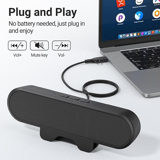 INGA Computer Speakers for Desktop PC, USB Monitor Speaker Bar with Clip-On, Wired Desk Speakers with HD Stereo Loud Sound, Laptop Speaker Mini Sound Bar, Easily Clamps to Monitor