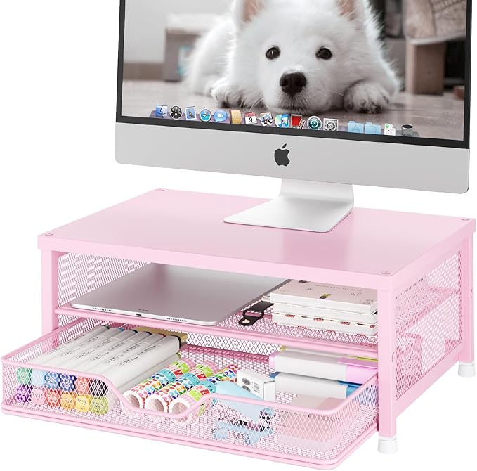 OPNICE Computer Monitor Stand Riser, Desk Organizer with Drawer, Printer & Laptop Stand, Office Desk Accessories & Workspace Desktop Organizers Storage for Office Supplies(Pink)
