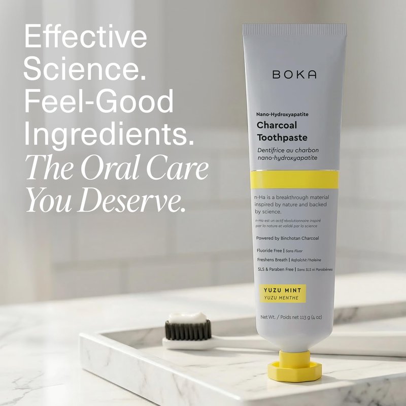Boka Fluoride Free Toothpaste, Nano Hydroxyapatite Toothpaste, Appropriate for Sensitive Teeth - for Adult Oral Care - Charcoal Yuzu Mint Flavor, 4 Fl Oz 1Pk