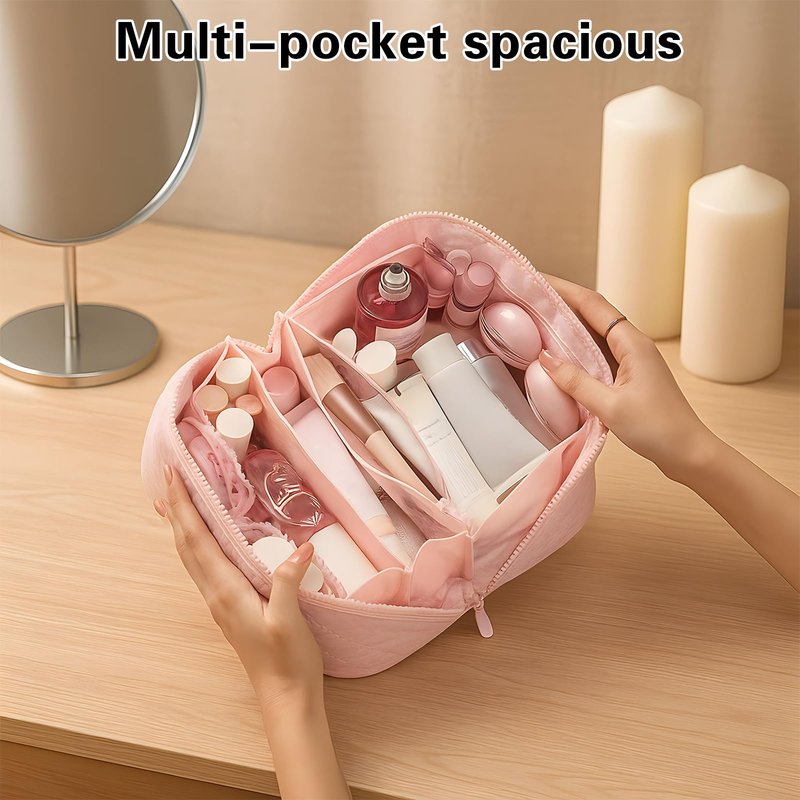 Makeup Bag Travel Toiletry Bag, Puffy Padded Make Up Bags for Women, Waterproof Cosmetic Organizer, Makeup Organizer Wide-open Pouch Purse, Travel Essentials for Toiletries Accessories Storage (Pink)