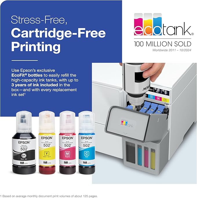 Epson EcoTank ET-2980 Wireless All-in-One Color Supertank Printer with Refillable Ink Tanks, 3 Years of Ink, Mobile Printing, 15 PPM, Color Touchscreen, Auto 2-Sided, White