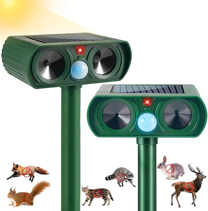 2 Pcs Upgraded Solar Animal Repellent Ultrasonic Outdoor for Cats Squirrels Racoons Rabbits Foxs Dogs Skunks Deer Repellent Devices Waterproof Motion Sensor Animal Repeller Deterrent for Yard Garden