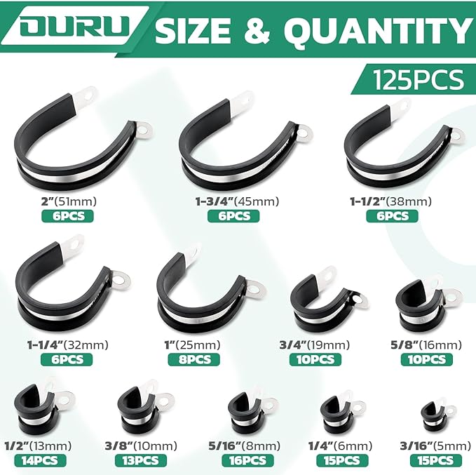 OURU 125PCS Cable Clamp,12 Sizes Stainless Steel Rubber Coated Cushioned Insulated Cable Clamps Assortment Kit-Metal Wire Clamps,Cable Clips,Pipe Clamps