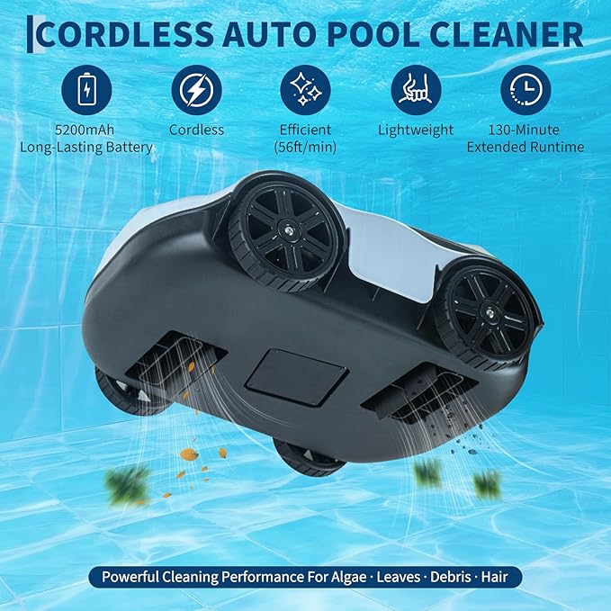 Robotic Pool Cleaners Cordless Robotic Pool Cleaner for Above Ground Pools - 130 Min Runtime, Self-Charging, Cleans Up to 860 Sq Ft, Lightweight & Portable Design