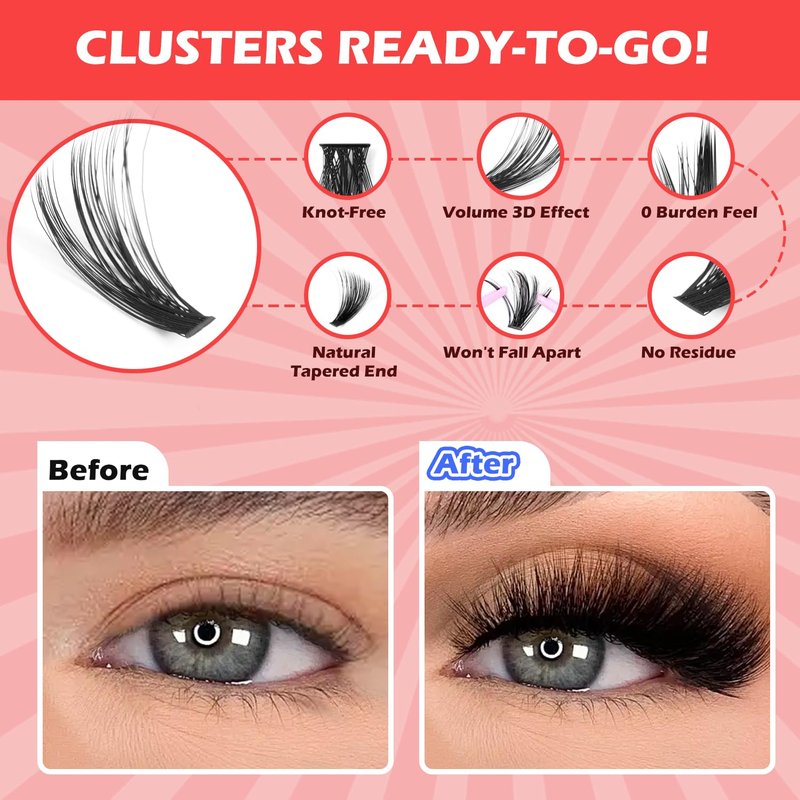 NovaBeryl Lash Clusters Kit–708PCS DIY Eyelash Extension Kit with Bond & Seal, C Curl 30D–100D 0.07mm Soft Individual Cluster Lashes for Natural, Fluffy & Volume Looks (TWEEZERS)