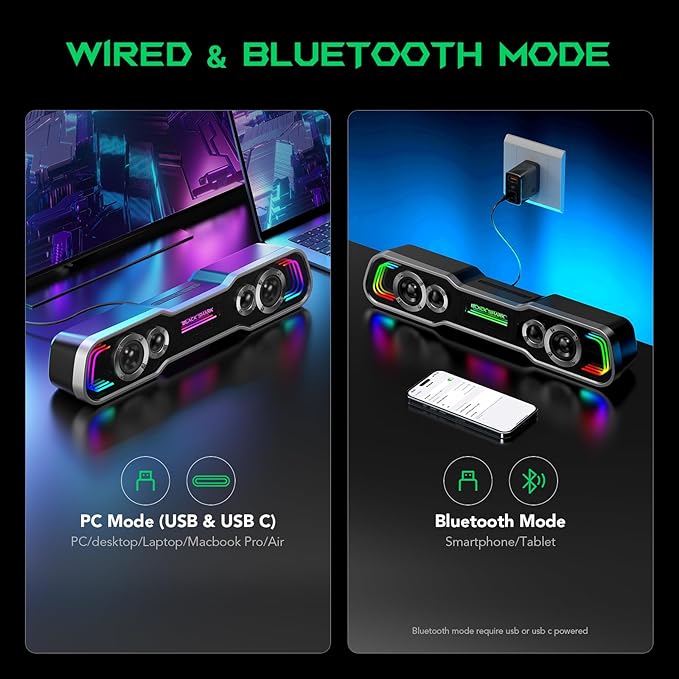 Black Shark Bluetooth Computer Speakers for Desktop, Dynamic Multi-Layer RGB Lighting Gaming PC Speaker with Deep Bass, USB C/USB Powered Sound-bar for Computer Desktop PC Monitor Laptop (BS-SP1)