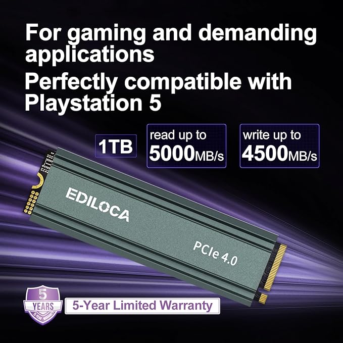 Ediloca 1TB M2 NVME SSD with Heatsink - PCIe Gen4.0 NVMe M.2 2280 3D NAND TLC, 5000MB/s Read, Internal Solid State Drive for PS5/PC, Dynamic SLC Cache, PS5 Storage Expansion, 5-Year Warranty(EN760)