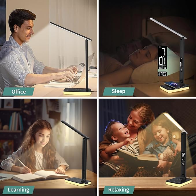 oviouit LED Desk Lamp for Home Office, USB Charging Port, Reading Lamp Desk Light with 5 Brightness, 3 Colors, Table Lamp with Clock, Alarm, Date, Temperature, Desk Lamp for College Dorm Room (Black)