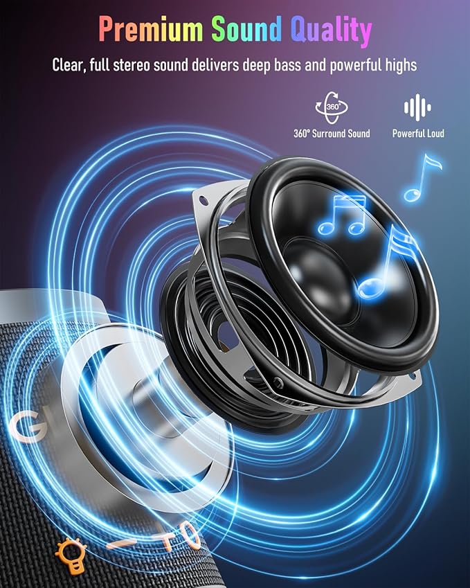 Gladorn Portable Bluetooth Speaker Wireless with 9 Color Lights, 20H Playtime, Stereo Pairing, Deep Bass, IPX6 Waterproof, Bluetooth 5.3, Small Speaker for Home, Party, Outdoor, Camping, Beach, Gift