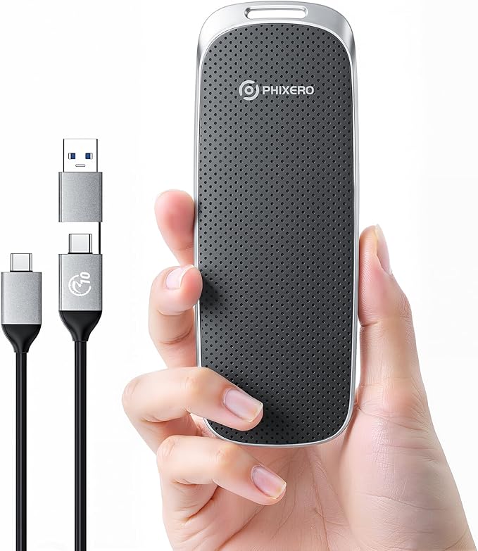 PHIXERO P10PRO External NVMe SSD 2TB, Up to 1050MB/s, USB 3.2 Gen2, Includes 2-in-1 USB C Cable, Portable Hard Drive for iPhone 15/16 PRO/Android/Mac, Black