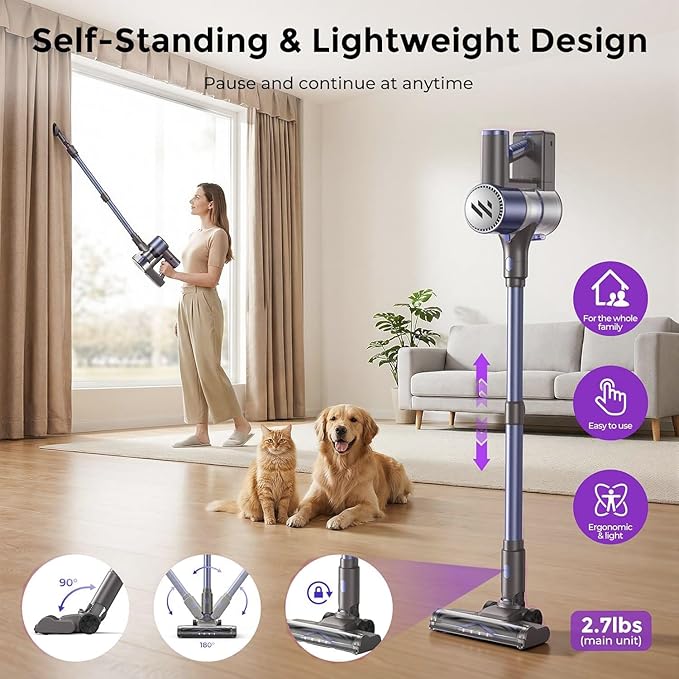 MBTTODF Cordless Vacuum Cleaner,Vacuum Cleaner for Home with Brushless Motor,Lightweight Stick Vacuum with Self-Standing and Touch Screen,Hardwood Floor Vacuum for Pet Hair,Carpets,Tile(Sky Blue)