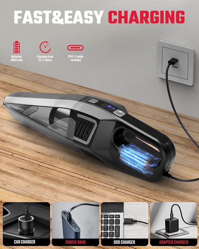 Evekas Handheld Vacuum Cordless, 9000PA Strong Suction, 2 Suction Modes, Fast Type-C Charging, Lightweight, Portable Car Vacuum Cleaner for Home Pet Office.