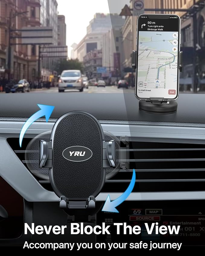 YRU Phone Holders for Your Car [2026 Upgraded Military Metal Hook], Cellphone Holder Car[No Fear of Bumps] Vent Phone Mount Truck Compatible with iPhone17 16 15 14 13 12 Samsung Android, Jet Black