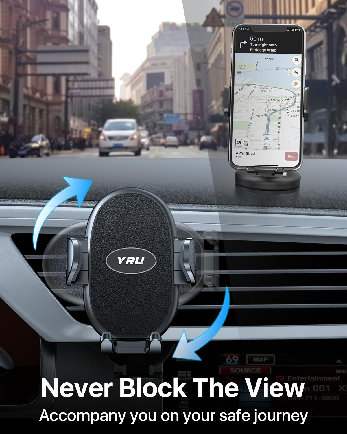 YRU Phone Holders for Your Car [2026 Upgraded Military Metal Hook], Cellphone Holder Car[No Fear of Bumps] Vent Phone Mount Truck Compatible with iPhone17 16 15 14 13 12 Samsung Android, Jet Black
