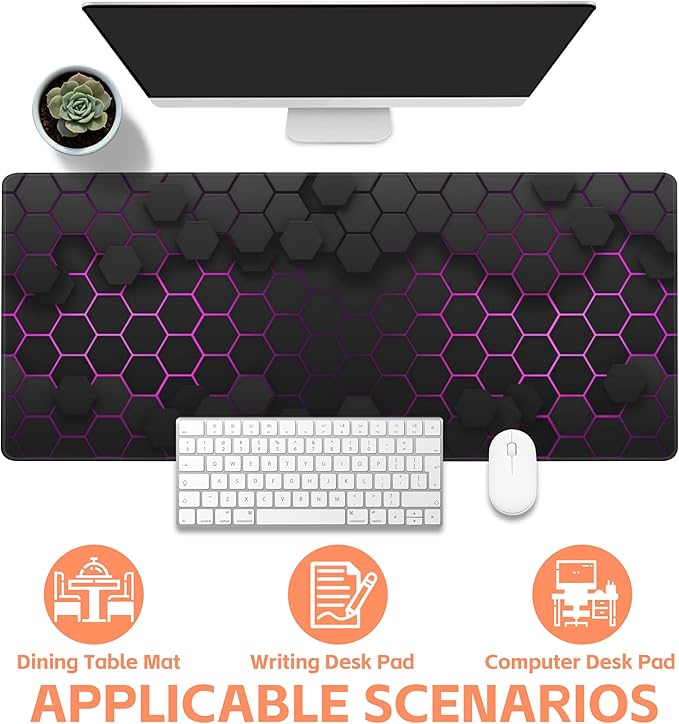 NIYLYNSYN Mouse Pad Large Electric Glow Hexagonal Non-Slip Gaming Desk Mat with Stitched Edge Laptop Keyboard Desk Pad for Work Home Gaming (35.4 x 15.7 Inches)