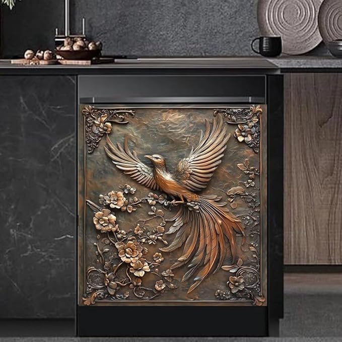 Metal Floral Bird Print Kitchen Decor Dishwasher Magnet Cover Decal, Magnetic Dish Washer Panel Door Vinyl Sticker, Refrigerator Magnets,Easy to Clean, 23 x 26 inch